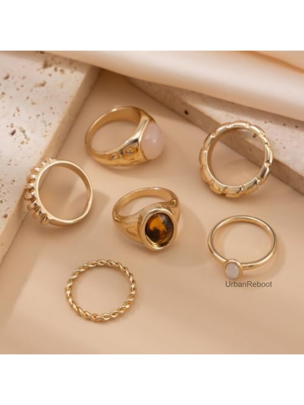14K Gold Plated Stackable Knuckle Rings Set Chunky Signet Midi Rings - Picture 5 of 6
